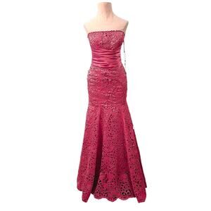 Strapless Gown XS Pink Beaded Bling Satin Bodice Eyelet Full Skirt Prom Wedding